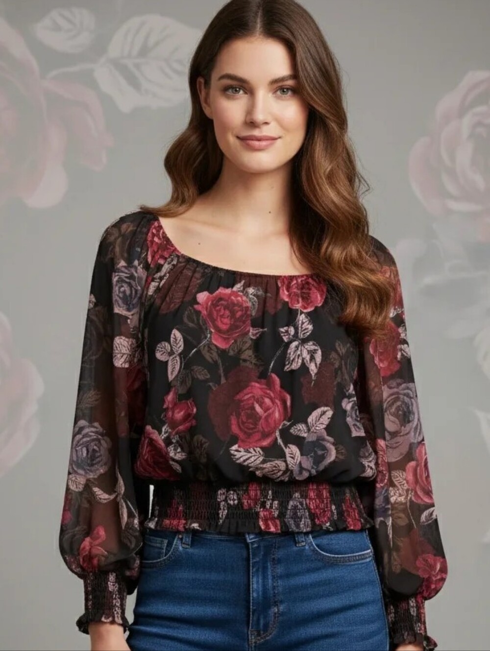Guess Black Off-Shoulder Floral Blouse with Rose Print